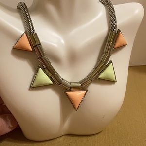 Mint green and pale coral triangle and silver tone necklace